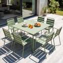 Quadratischer Gartentisch aus Metall, 120x120 cm, und 8 Stühle mit Armlehnen