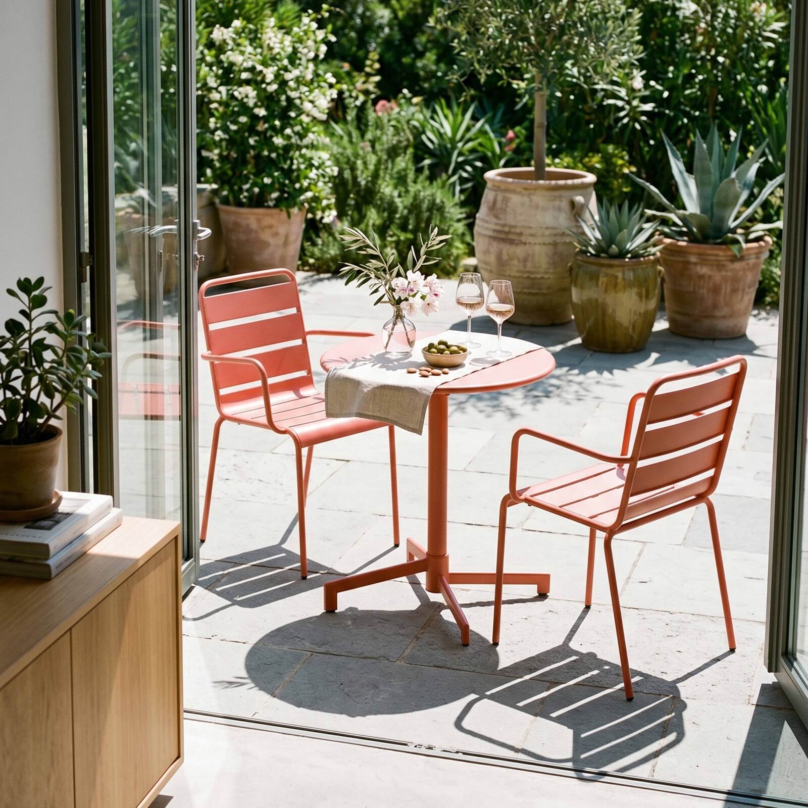 Gartentisch im Bistro-Stil, rund, neigbar, aus Metall mit Einbaufuß, 70x70 cm, und 2 Stühle mit Armlehnen