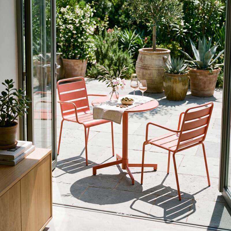 Gartentisch im Bistro-Stil, rund, neigbar, aus Metall mit Einbaufuß, 70x70 cm, und 2 Stühle mit Armlehnen