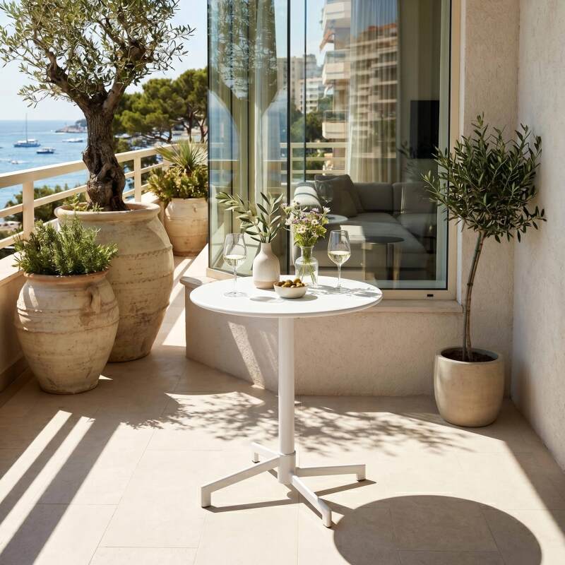 Gartentisch im Bistro-Stil, rund, neigbar, aus Metall mit Einbaufuß, 70x70 cm, und 2 Stühle mit Armlehnen (2/10)