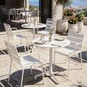 Gartentisch im Bistro-Stil, rund, neigbar, aus Metall mit Einbaufuß, 70x70 cm, und 2 Stühle mit Armlehnen