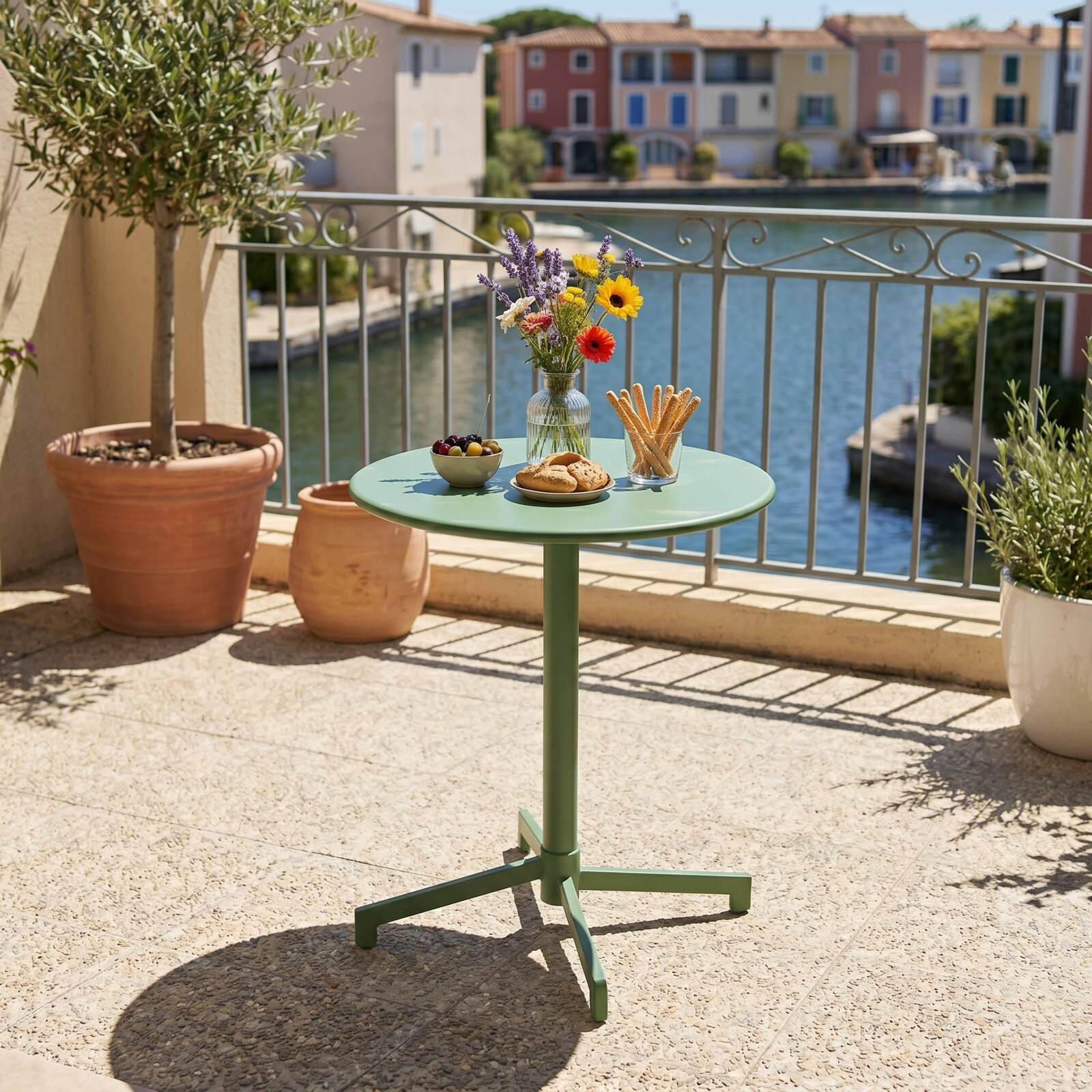 Gartentisch im Bistro-Stil, rund, neigbar, aus Metall mit Einbaufuß, 70x70 cm, und 2 Stühle mit Armlehnen