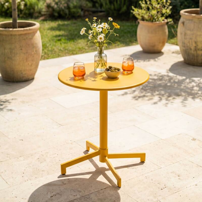 Gartentisch im Bistro-Stil, rund, neigbar, aus Metall mit Einbaufuß, 70x70 cm, und 2 Stühle mit Armlehnen (2/11)