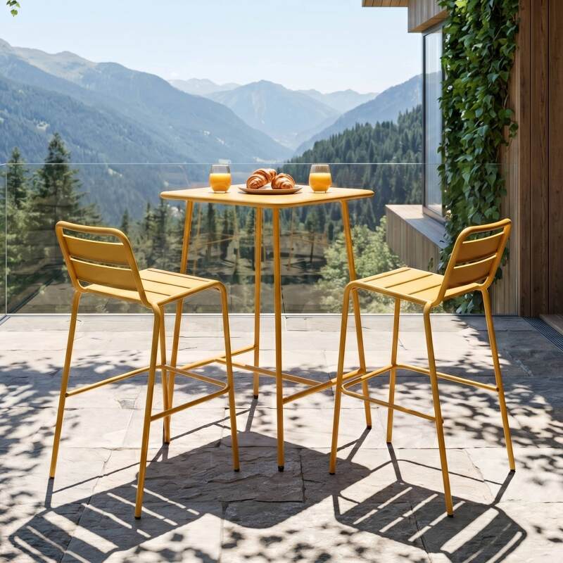 Garten-Hochtisch im Bistro-Stil, quadratisch, aus Metall, 70x70 cm, und 2 Hochstühle