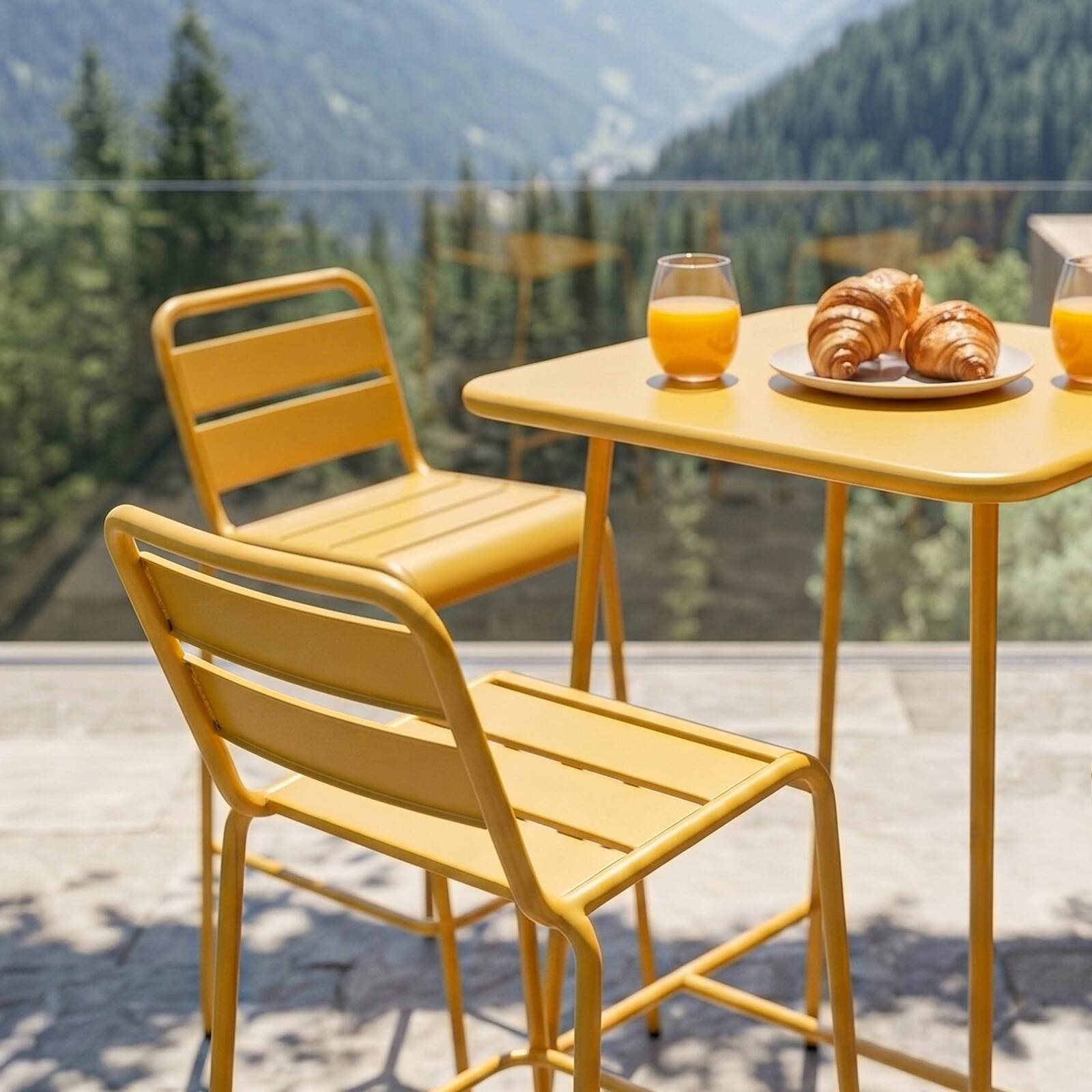 Garten-Hochtisch im Bistro-Stil, quadratisch, aus Metall, 70x70 cm, und 2 Hochstühle