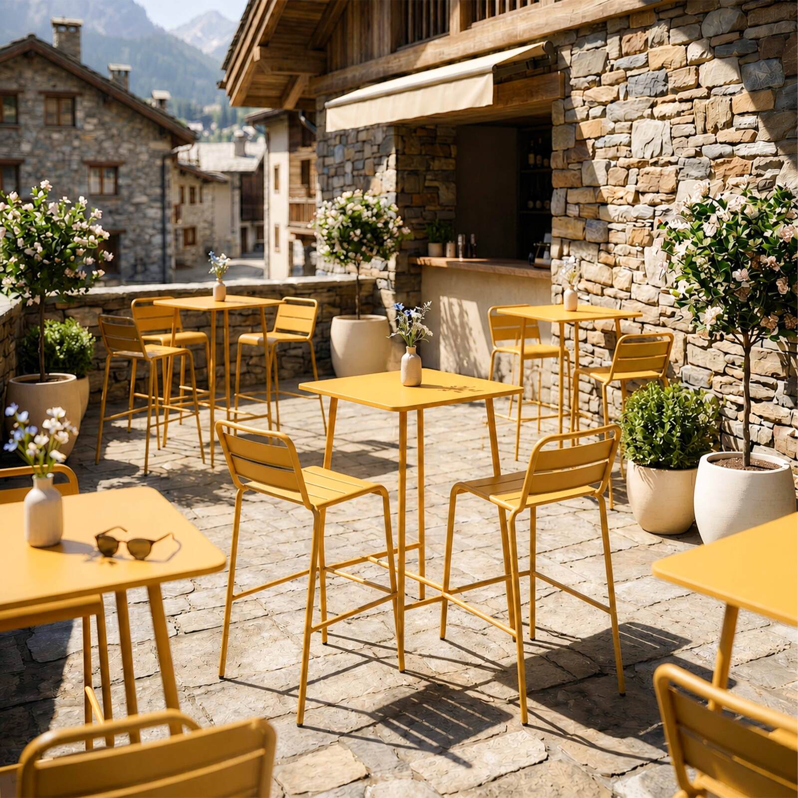 Garten-Hochtisch im Bistro-Stil, quadratisch, aus Metall, 70x70 cm, und 2 Hochstühle