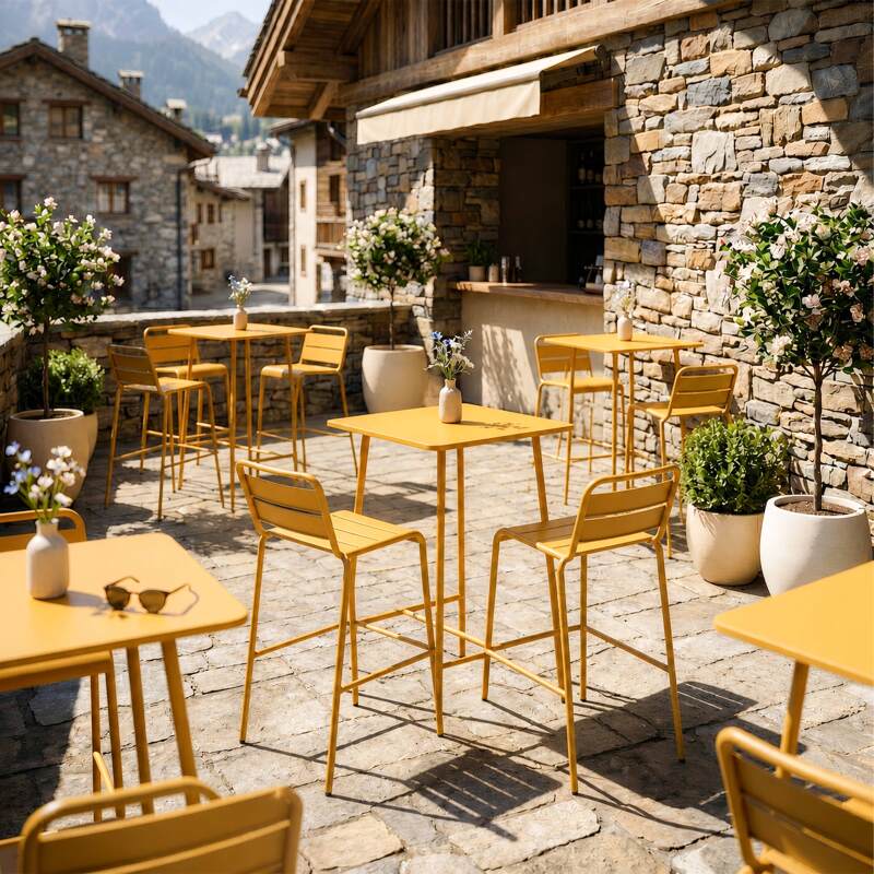 Garten-Hochtisch im Bistro-Stil, quadratisch, aus Metall, 70x70 cm, und 2 Hochstühle (3/7)