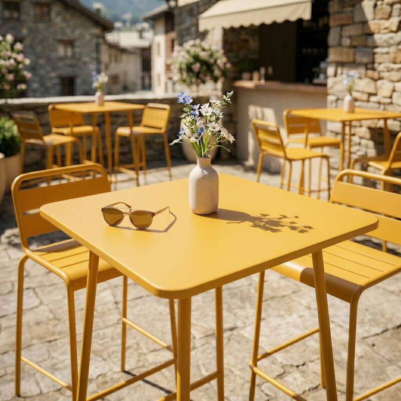 Garten-Hochtisch im Bistro-Stil, quadratisch, aus Metall, 70x70 cm, und 2 Hochstühle (4/7)