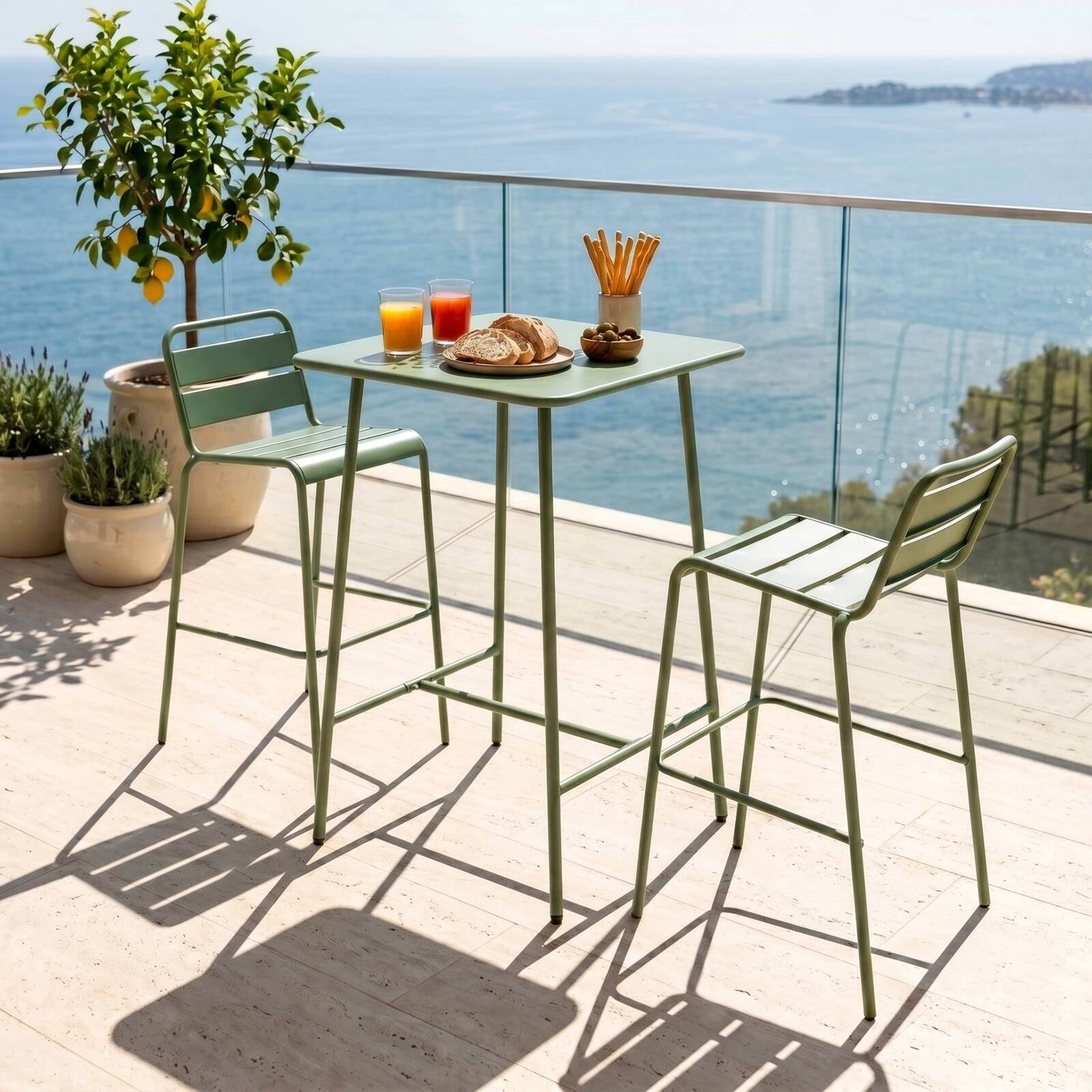 Garten-Hochtisch im Bistro-Stil, quadratisch, aus Metall, 70x70 cm, und 2 Hochstühle