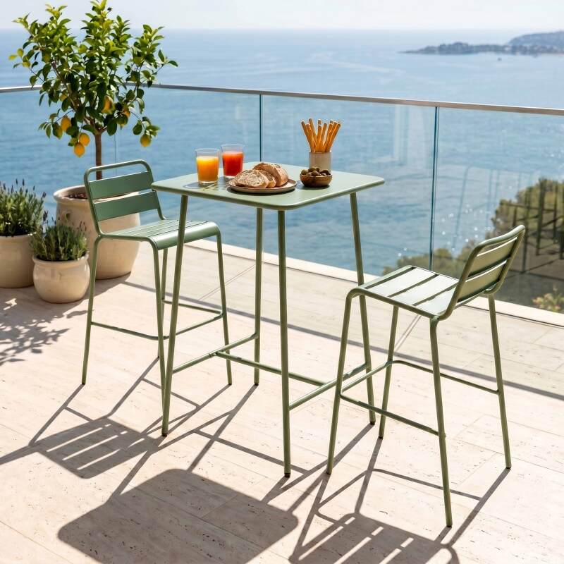 Garten-Hochtisch im Bistro-Stil, quadratisch, aus Metall, 70x70 cm, und 2 Hochstühle