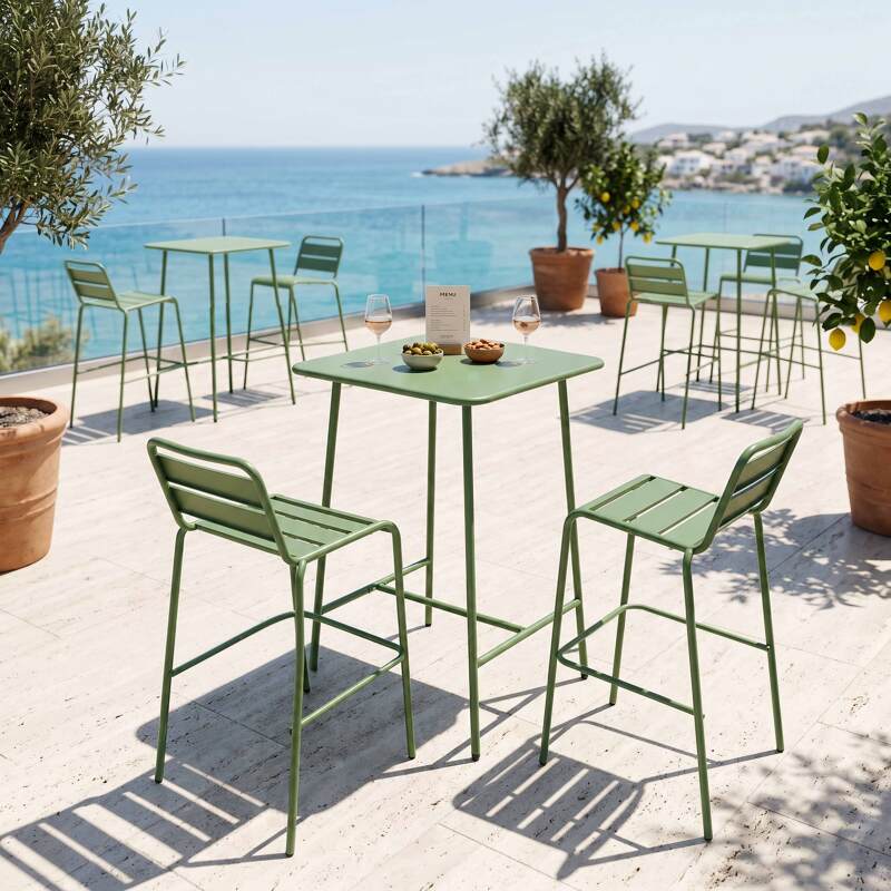 Garten-Hochtisch im Bistro-Stil, quadratisch, aus Metall, 70x70 cm, und 2 Hochstühle (3/7)