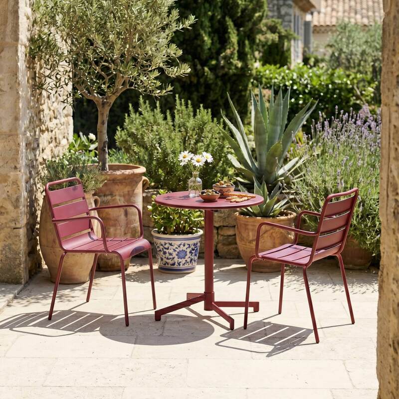 Gartentisch im Bistro-Stil, rund, neigbar, aus Metall mit Einbaufuß, 70x70 cm, und 2 Stühle mit Armlehnen (2/11)