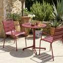 Gartentisch im Bistro-Stil, rund, neigbar, aus Metall mit Einbaufuß, 70x70 cm, und 2 Stühle mit Armlehnen