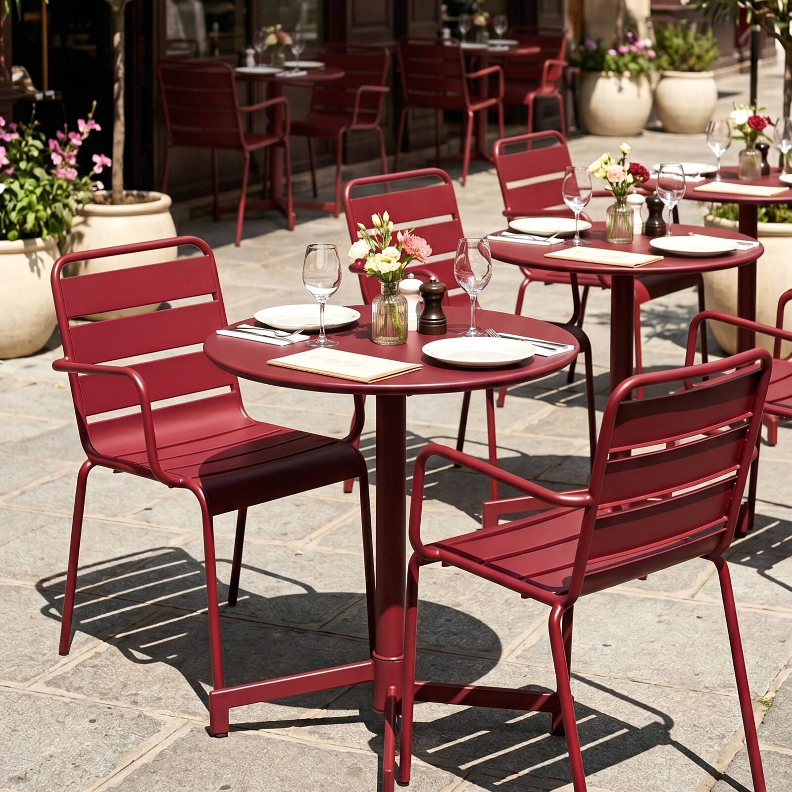 Gartentisch im Bistro-Stil, rund, neigbar, aus Metall mit Einbaufuß, 70x70 cm, und 2 Stühle mit Armlehnen