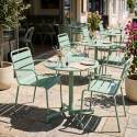 Gartentisch im Bistro-Stil, rund, neigbar, aus Metall mit Einbaufuß, 70x70 cm, und 2 Stühle mit Armlehnen