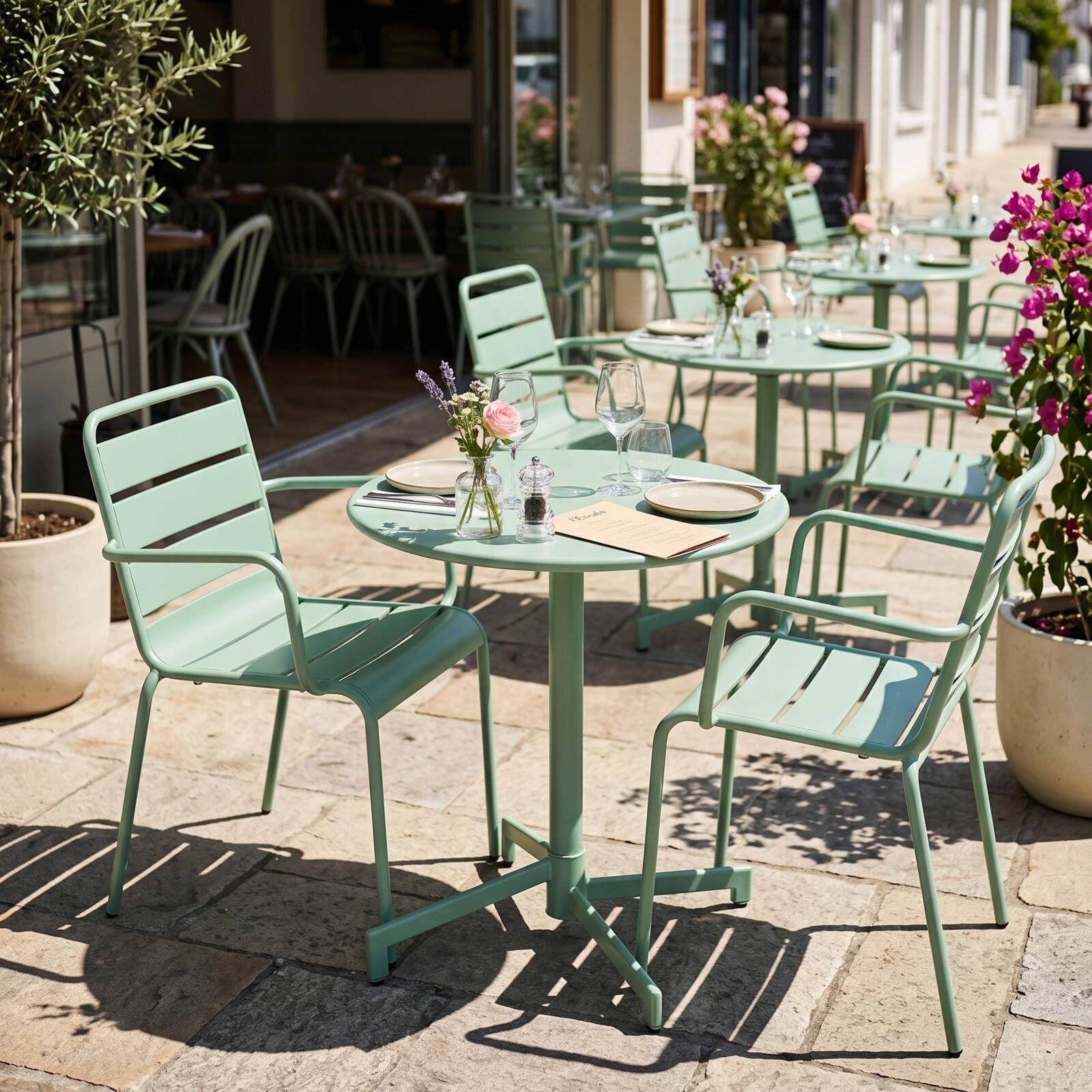 Gartentisch im Bistro-Stil, rund, neigbar, aus Metall mit Einbaufuß, 70x70 cm, und 2 Stühle mit Armlehnen