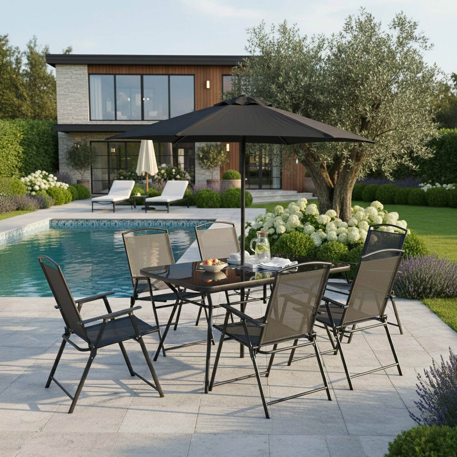 Gartentisch aus Metall und Glas, 140x80 cm, 6 Stühle aus Textilene, klappbar, und Sonnenschirm