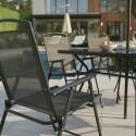 Gartentisch aus Metall und Glas, 140x80 cm, 6 Stühle aus Textilene, klappbar, und Sonnenschirm