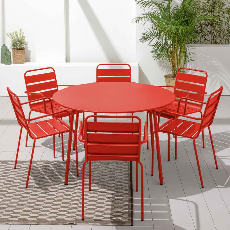Runder Gartentisch Ø120 x 72 cm und 6 Metallstühle