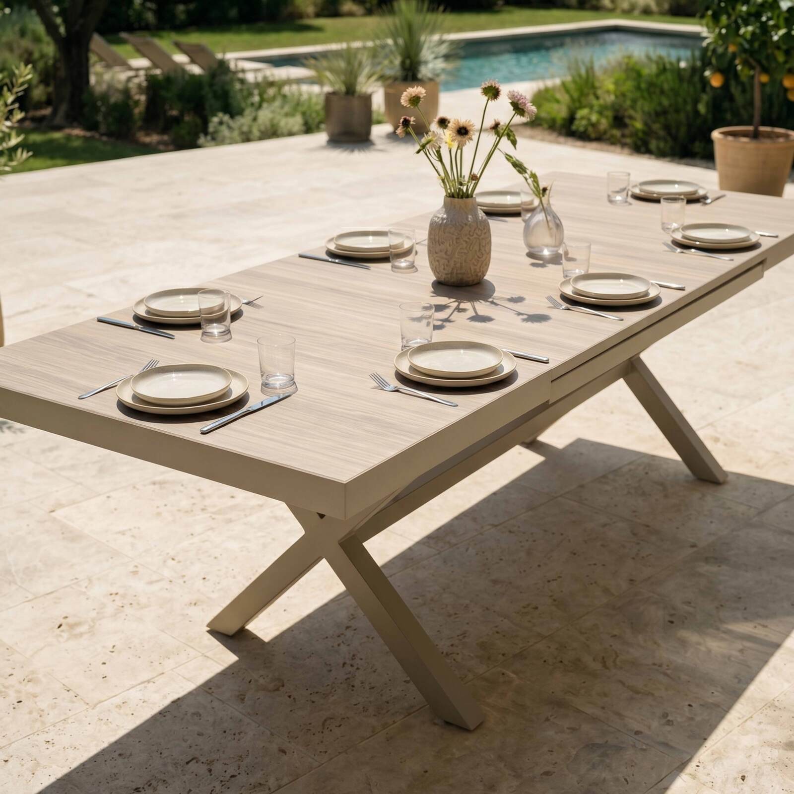 Ausziehbarer Gartentisch aus Aluminium und Keramik in Holzoptik, 200/260x100 cm, und 10 Stühle aus Textilene