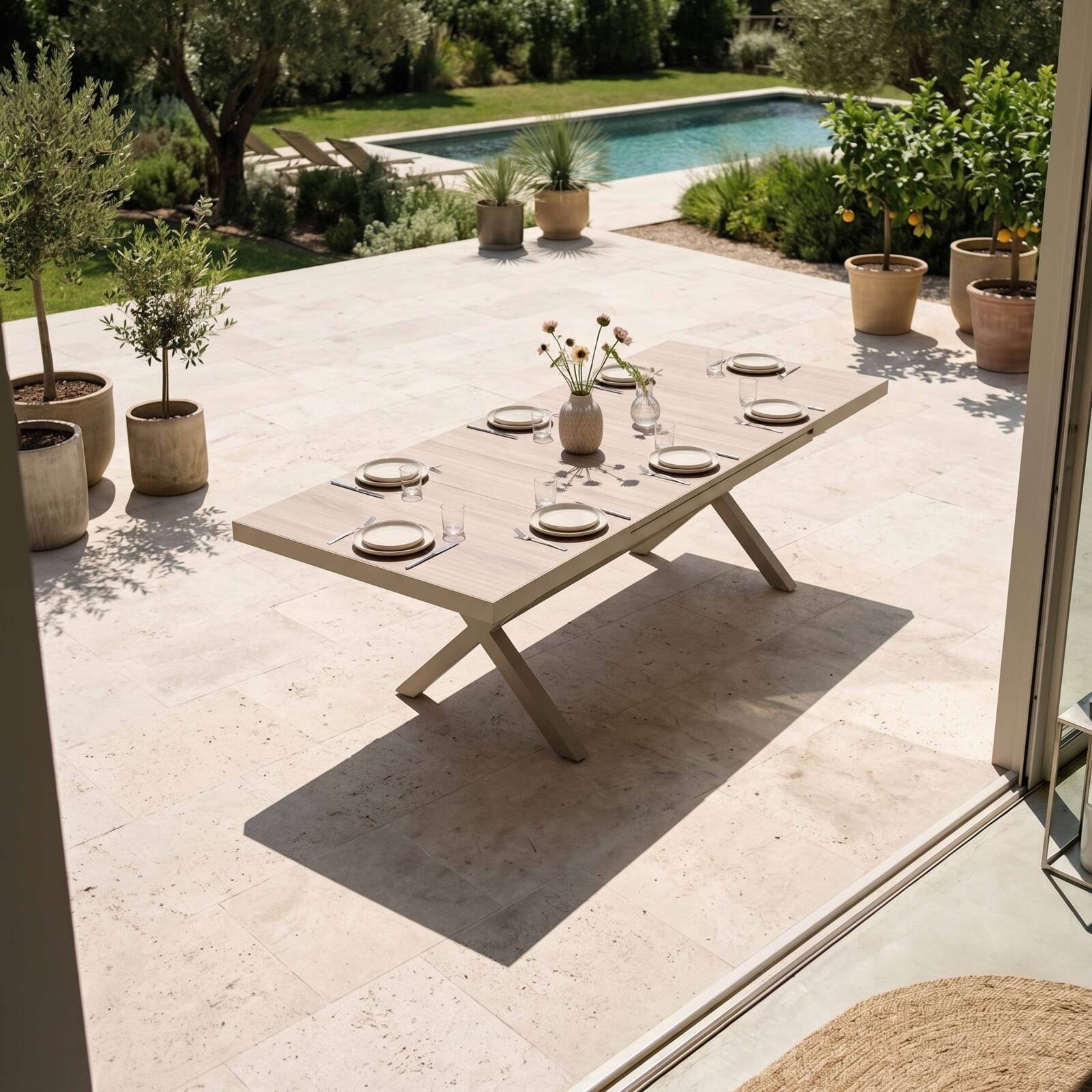 Ausziehbarer Gartentisch aus Aluminium und Keramik in Holzoptik, 200/260x100 cm, und 10 Stühle aus Textilene