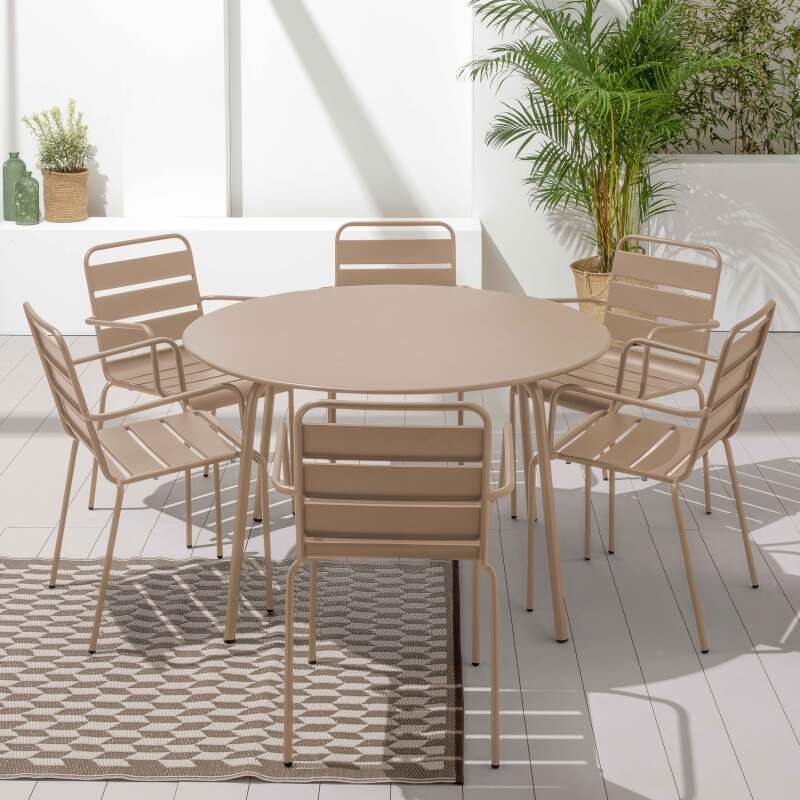 Runder Gartentisch Ø120 x 72 cm und 6 Metallstühle