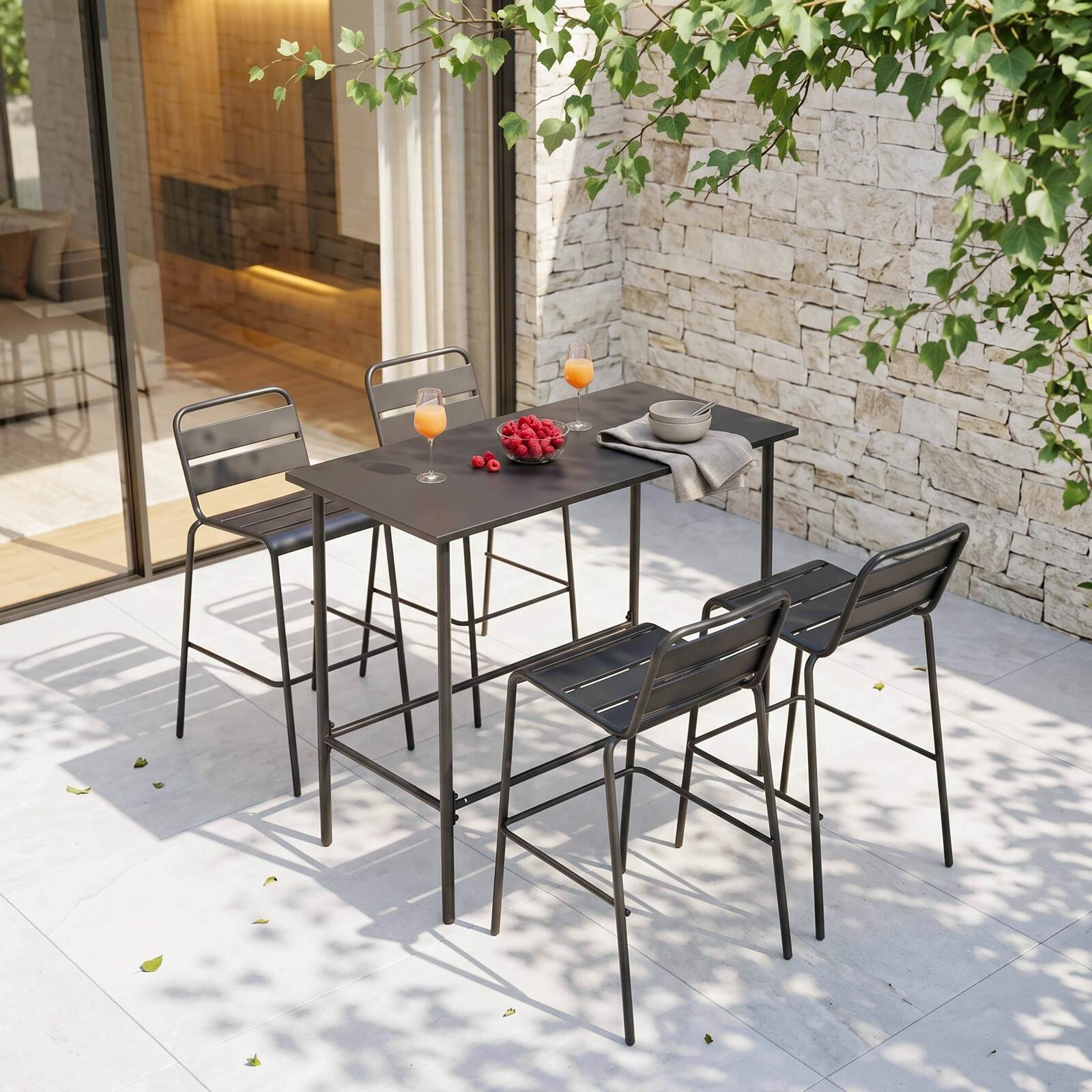 Garten-Hochtisch aus Metall, 120x60 cm, und 4 Hochstühle