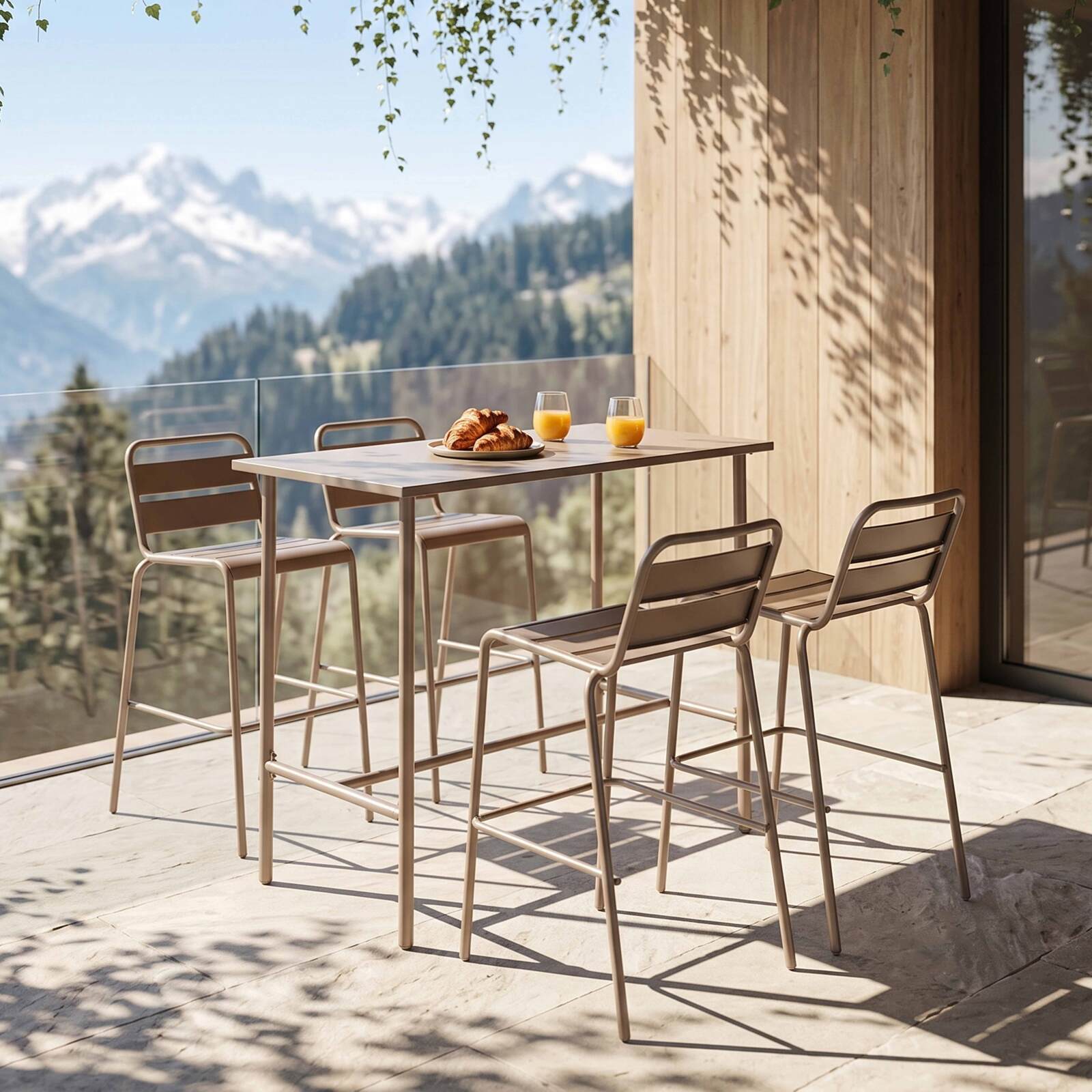 Garten-Hochtisch aus Metall, 120x60 cm, und 4 Hochstühle