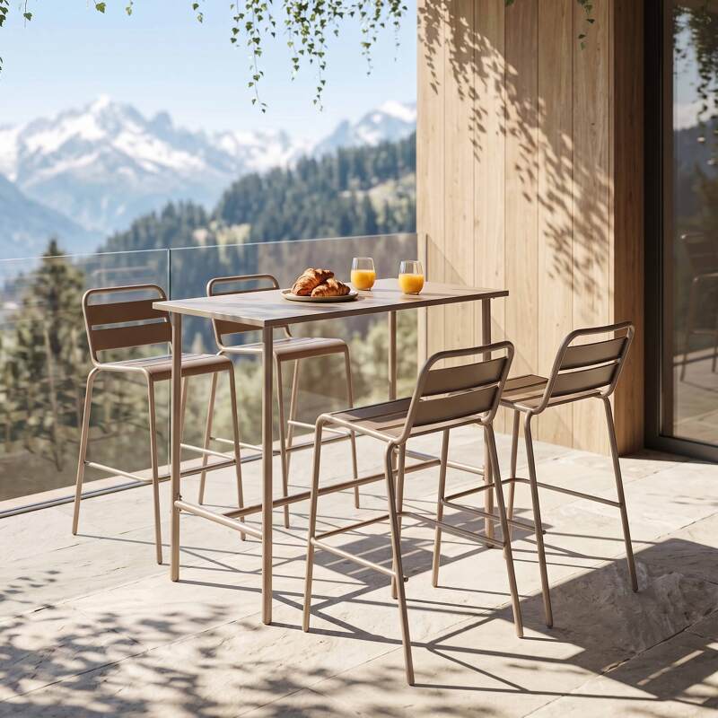 Garten-Hochtisch aus Metall, 120x60 cm, und 4 Hochstühle