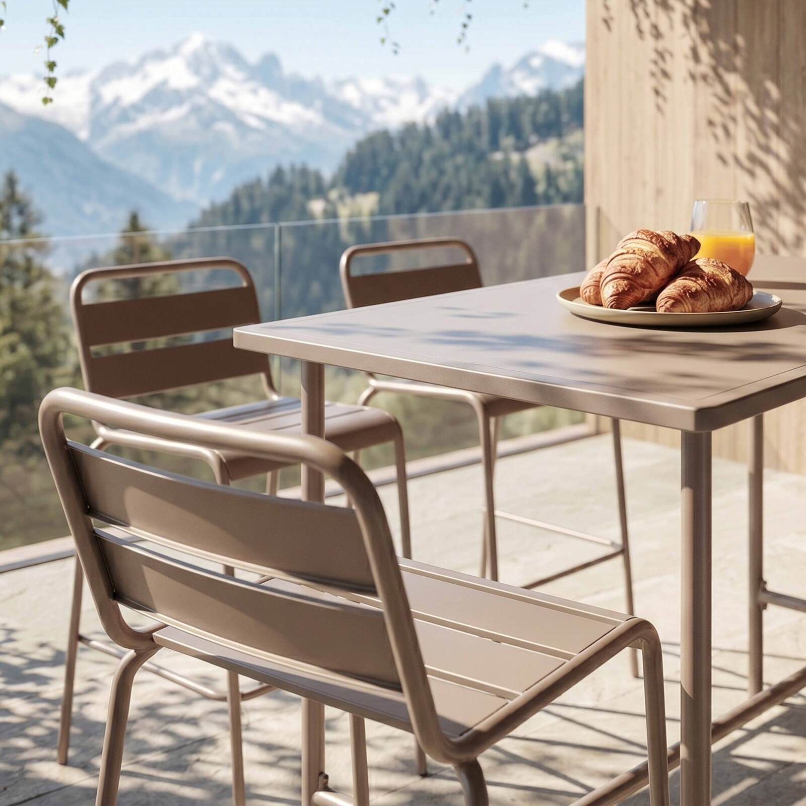Garten-Hochtisch aus Metall, 120x60 cm, und 4 Hochstühle