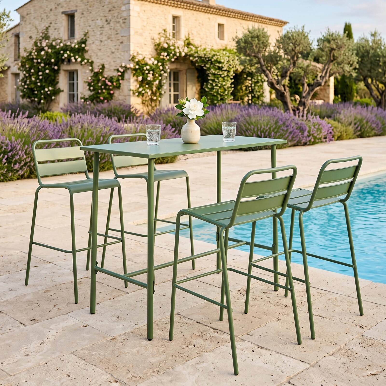 Garten-Hochtisch aus Metall, 120x60 cm, und 4 Hochstühle