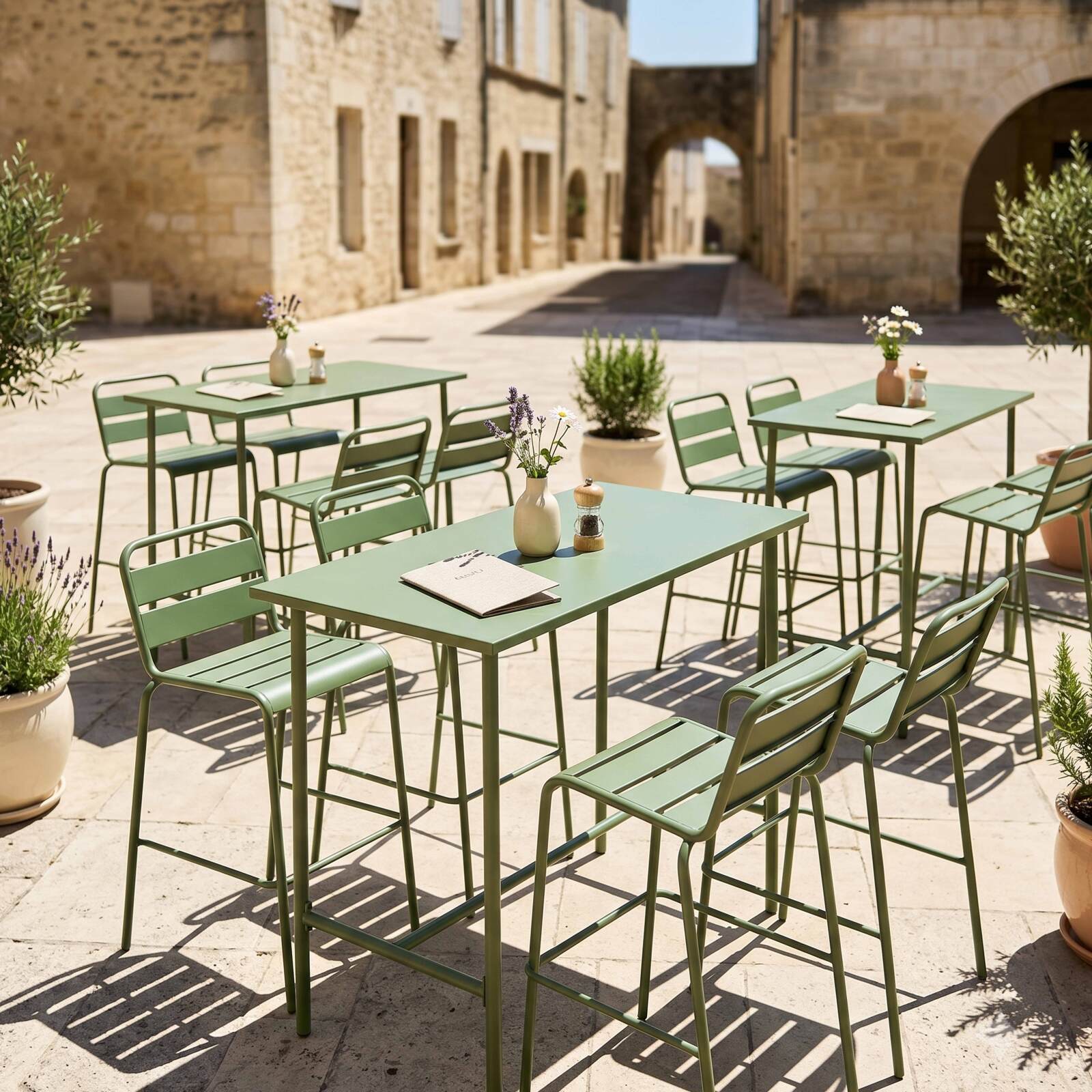 Garten-Hochtisch aus Metall, 120x60 cm, und 4 Hochstühle