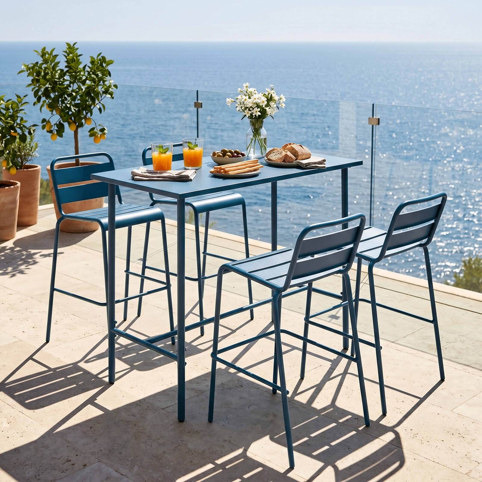 Garten-Hochtisch aus Metall, 120x60 cm, und 4 Hochstühle