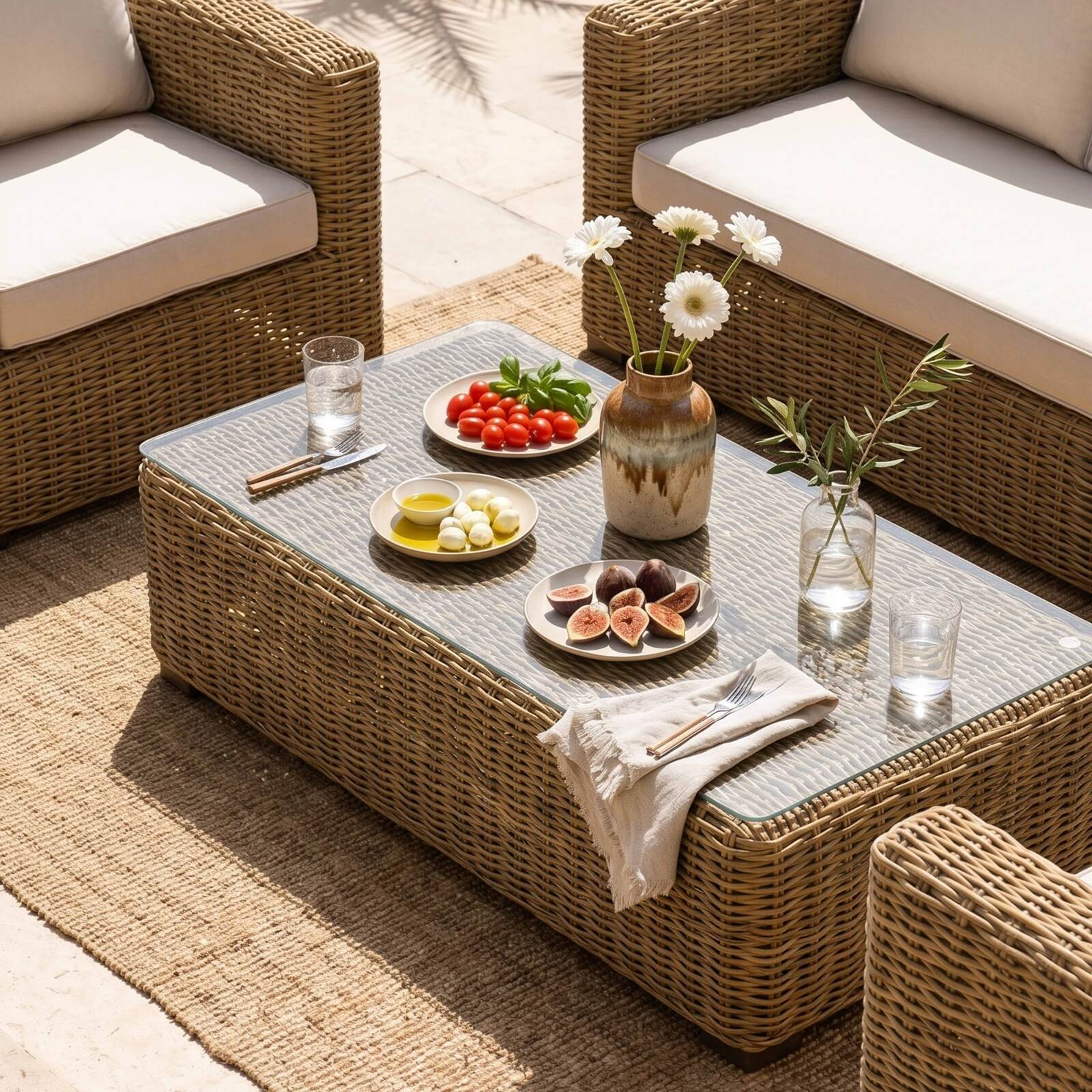 Gartenlounge-Set aus geflochtenem Harz für 5 Sitzen mit 1 Sofa, 2 Sesseln und 1 Couchtisch