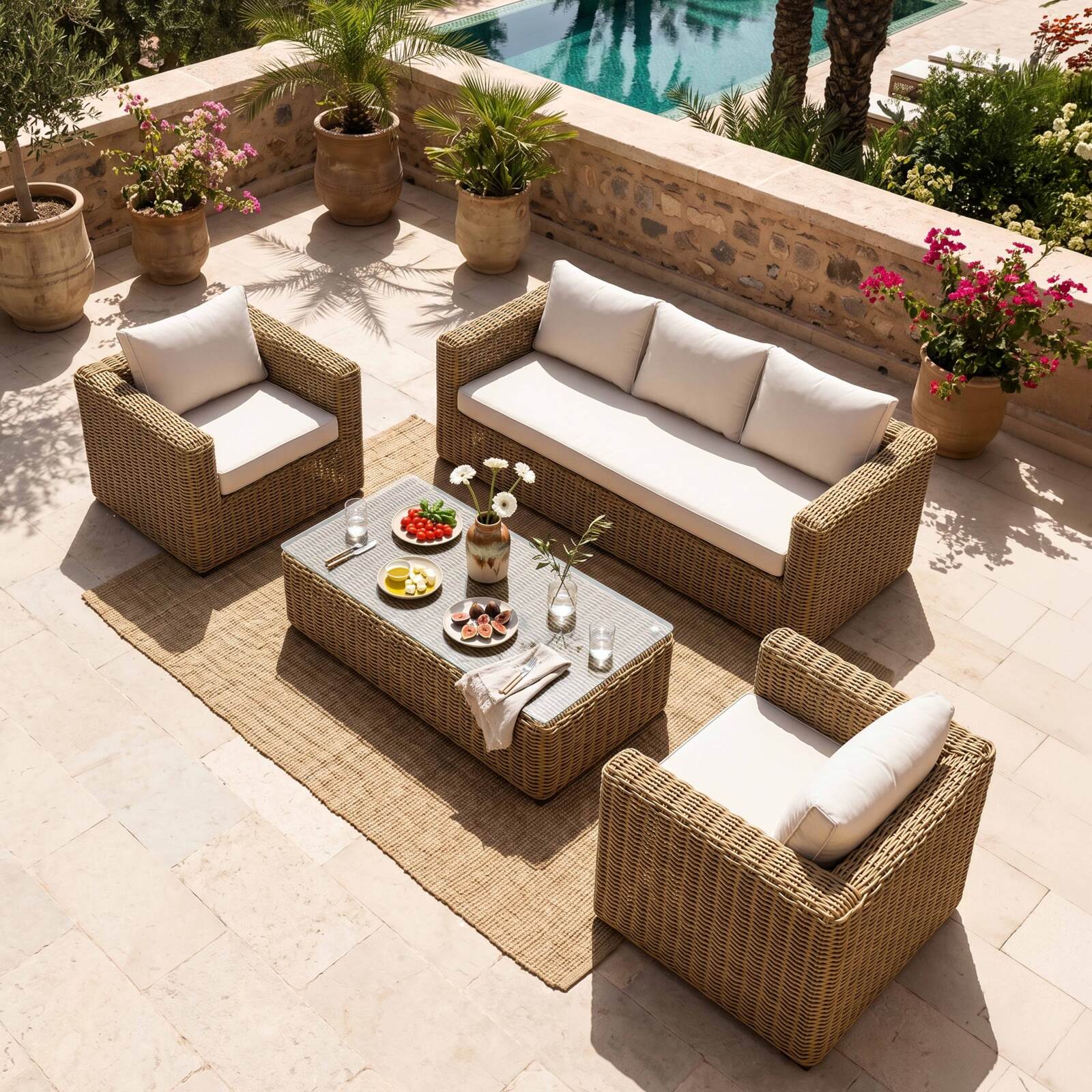 Gartenlounge-Set aus geflochtenem Harz für 5 Sitzen mit 1 Sofa, 2 Sesseln und 1 Couchtisch