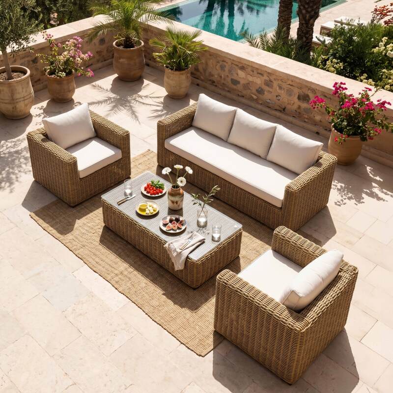 Gartenlounge-Set aus geflochtenem Harz für 5 Sitzen mit 1 Sofa, 2 Sesseln und 1 Couchtisch