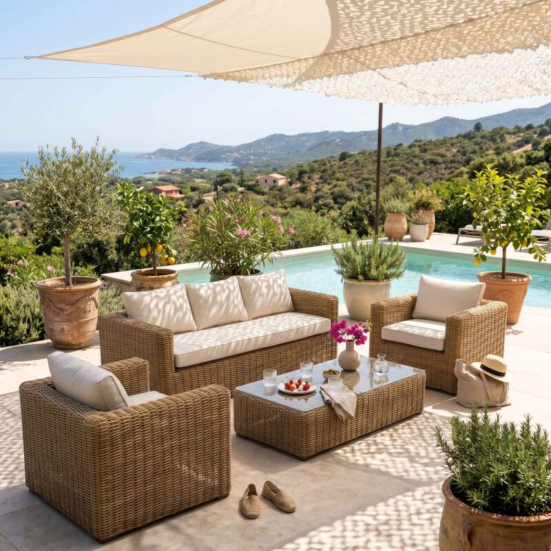 Gartenlounge-Set aus geflochtenem Harz für 5 Sitzen mit 1 Sofa, 2 Sesseln und 1 Couchtisch (7/9)