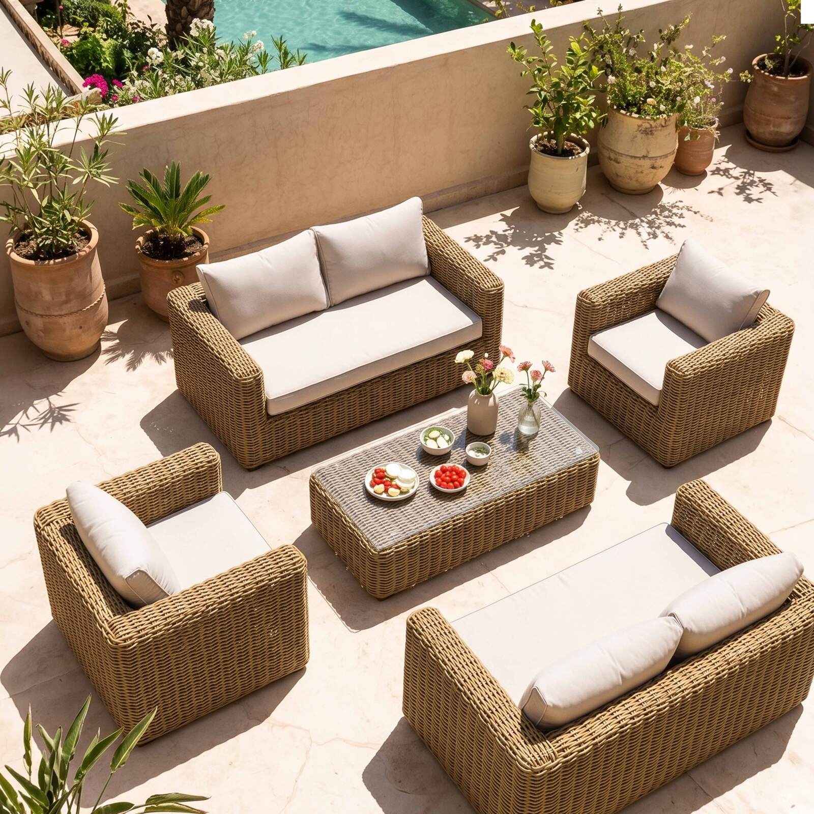 Gartenlounge-Set aus geflochtenem Harz für 6 Sitzen mit 2 Sofa, 2 Sesseln und 1 Couchtisch