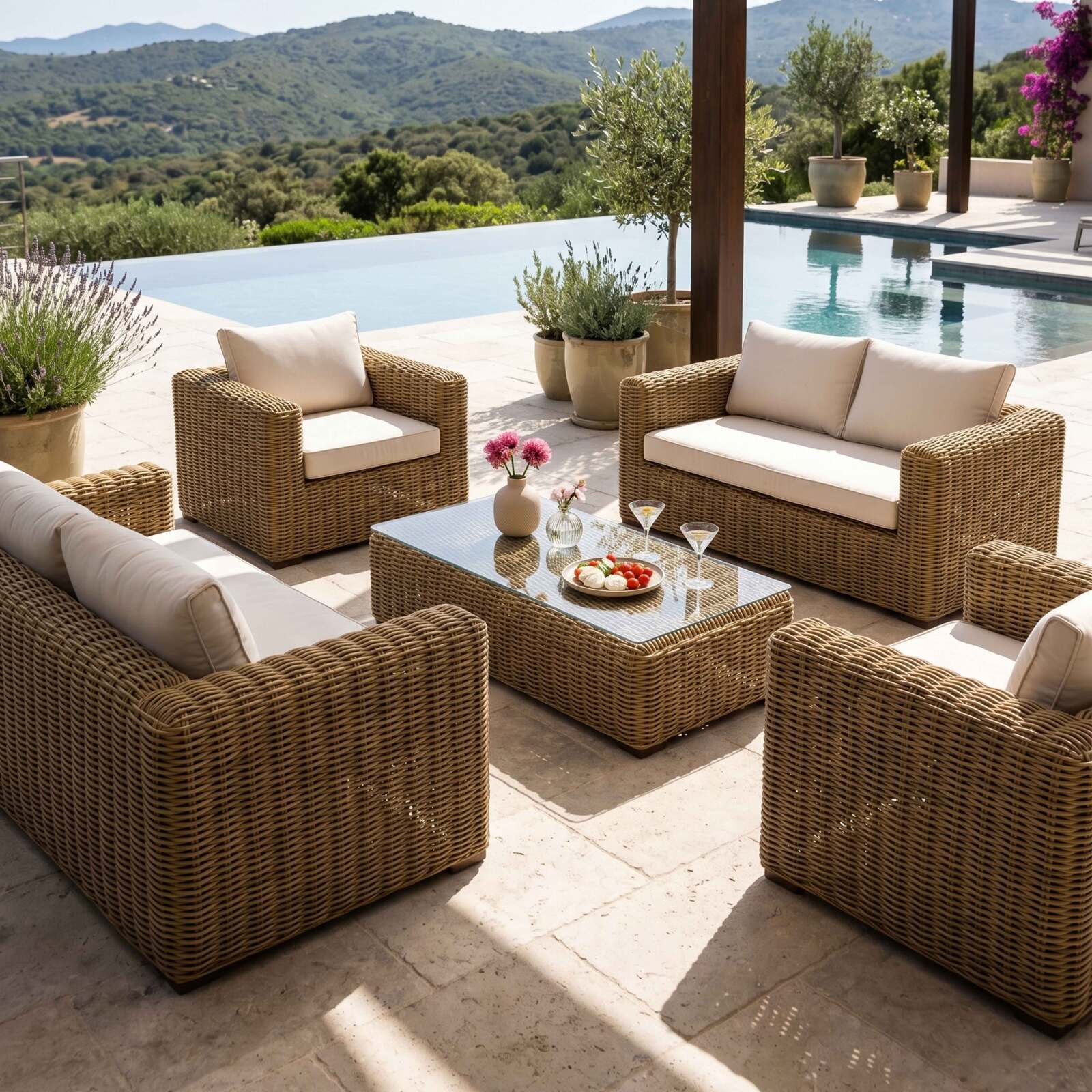 Gartenlounge-Set aus geflochtenem Harz für 6 Sitzen mit 2 Sofa, 2 Sesseln und 1 Couchtisch