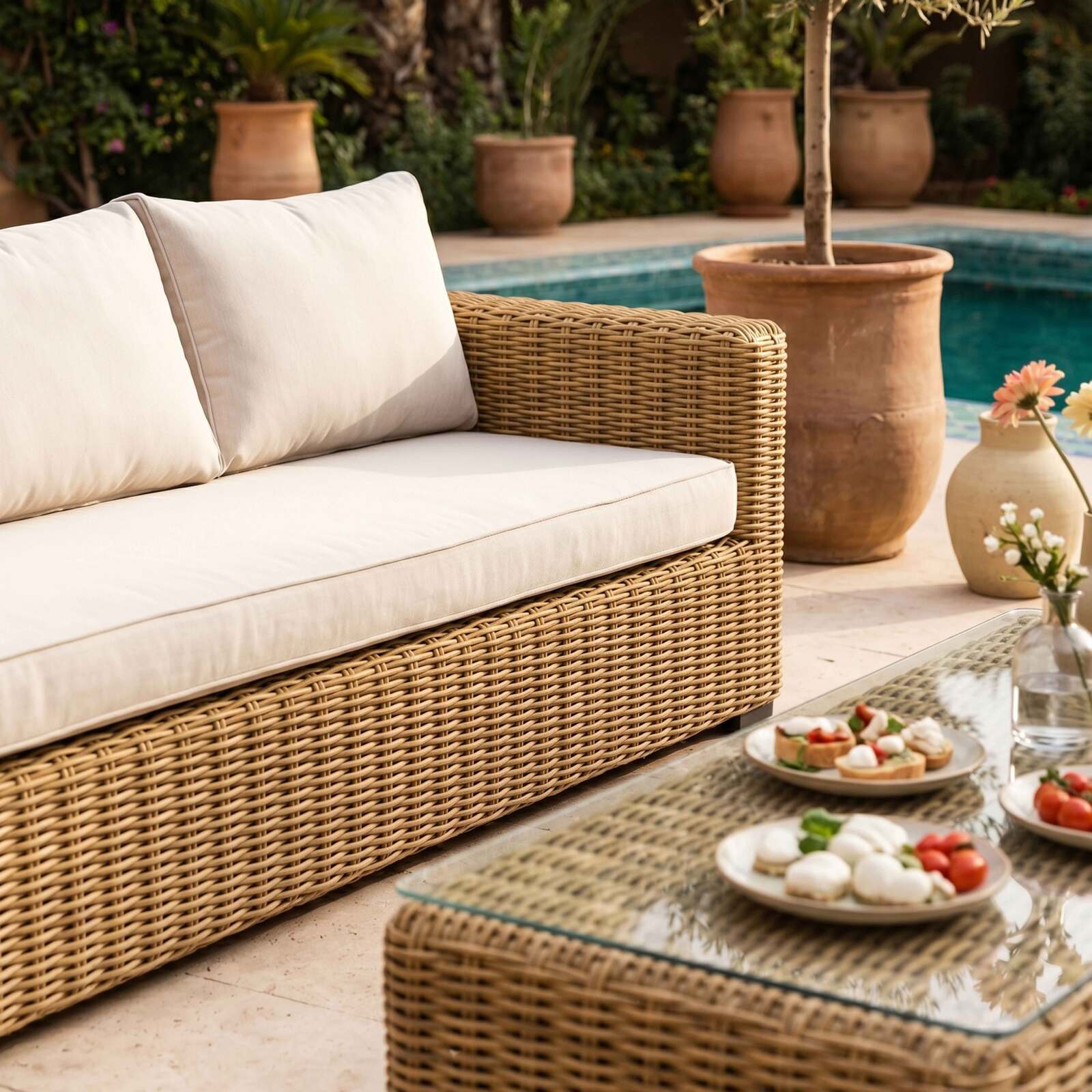 Gartenlounge-Set aus geflochtenem Harz für 7 Sitzen mit 2 Sofa, 2 Sesseln und 1 Couchtisch