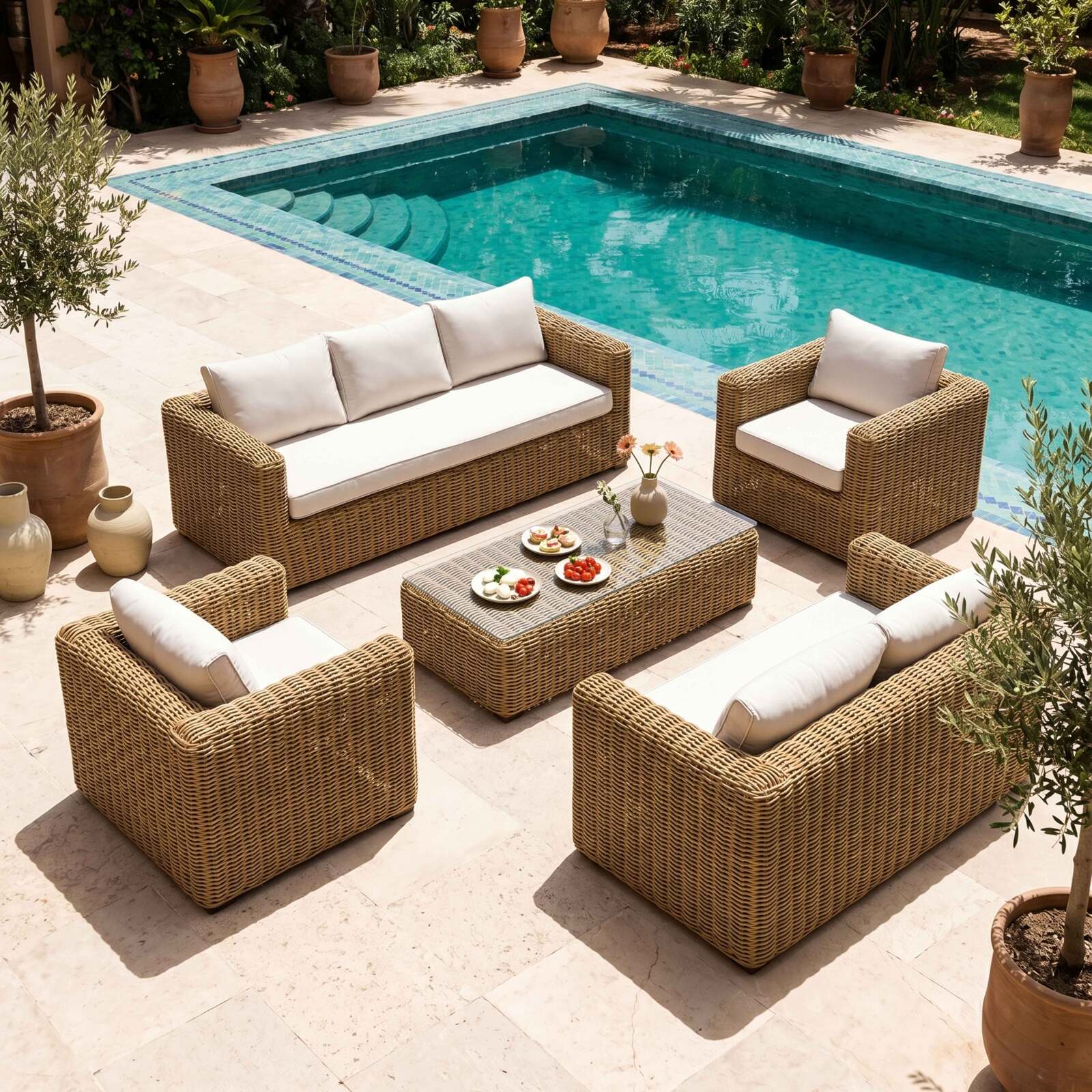 Gartenlounge-Set aus geflochtenem Harz für 7 Sitzen mit 2 Sofa, 2 Sesseln und 1 Couchtisch