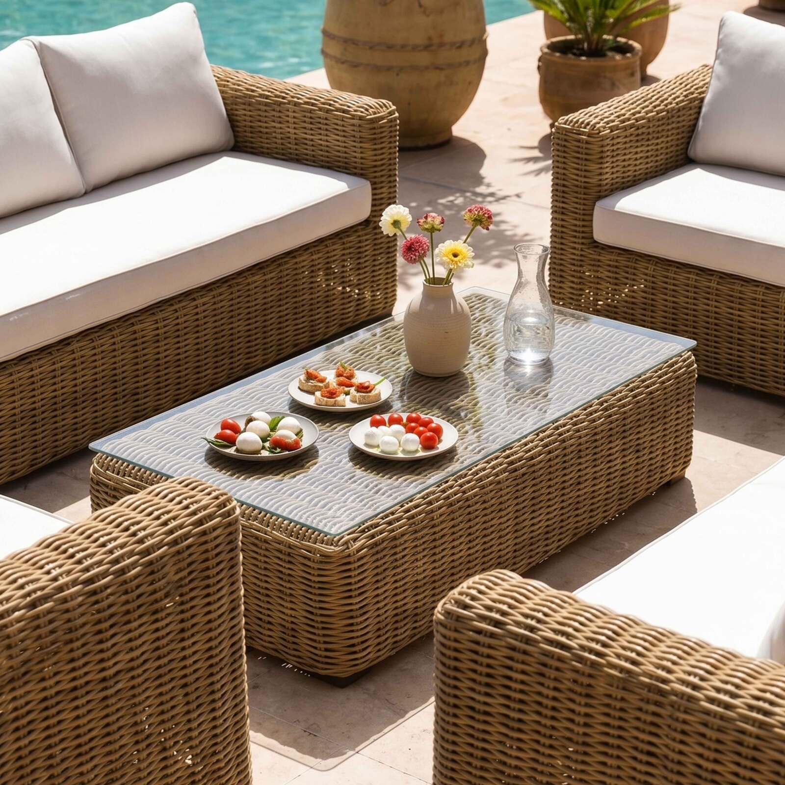 Gartenlounge-Set aus geflochtenem Harz für 8 Sitzen mit 2 Sofa, 2 Sesseln und 1 Couchtisch