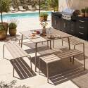 Quadratischer Gartentisch aus Metall, 120x120 cm, und 4 Bänke