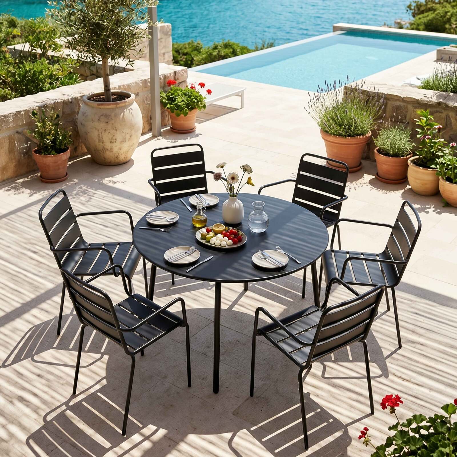 Gartentisch im Bistro-Stil, rund, aus Metall, Ø120 cm, und 6 Stühle mit Armlehnen