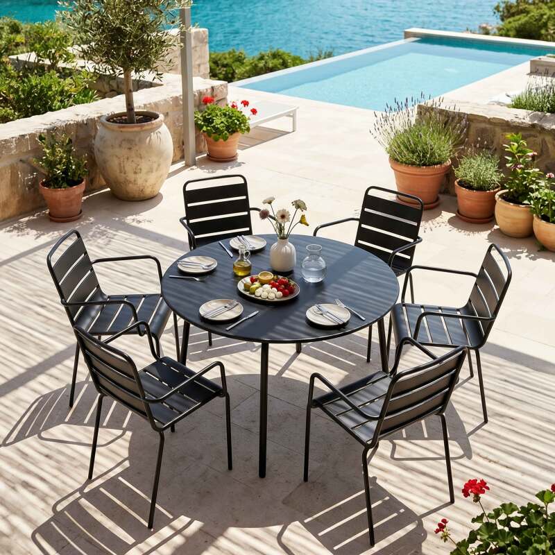 Gartentisch im Bistro-Stil, rund, aus Metall, Ø120 cm, und 6 Stühle mit Armlehnen