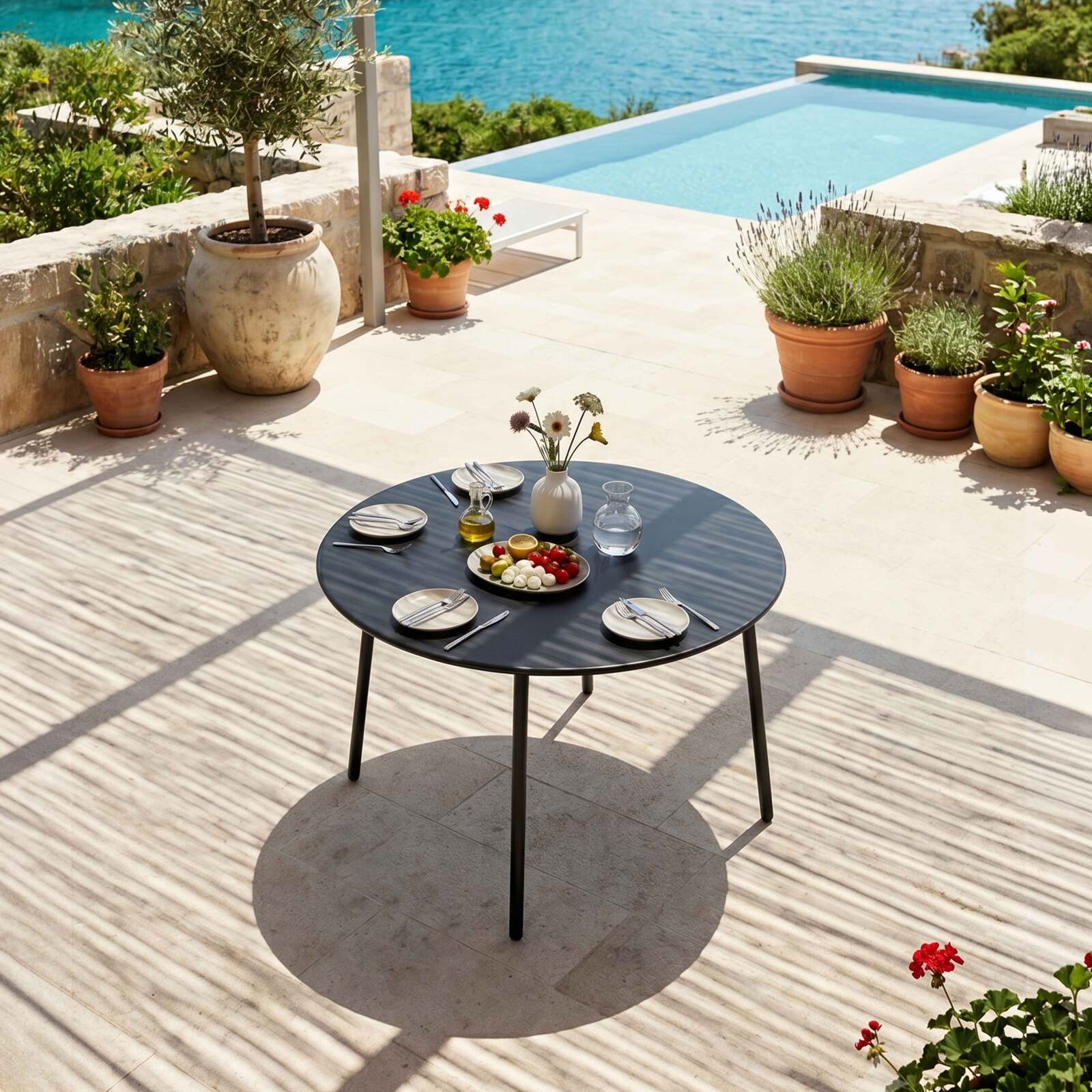 Gartentisch im Bistro-Stil, rund, aus Metall, Ø120 cm, und 6 Stühle mit Armlehnen