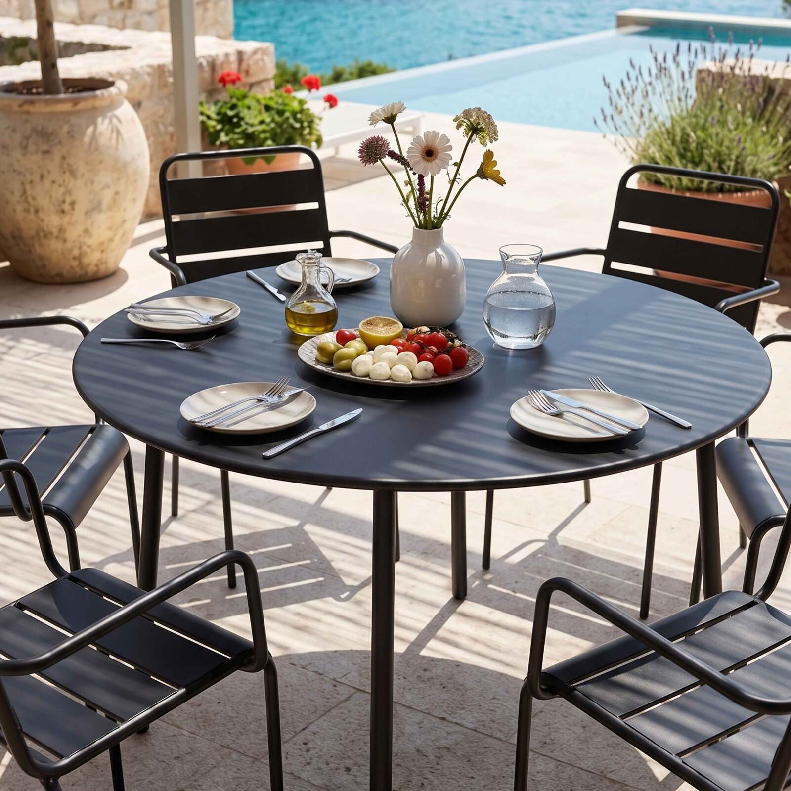 Gartentisch im Bistro-Stil, rund, aus Metall, Ø120 cm, und 6 Stühle mit Armlehnen