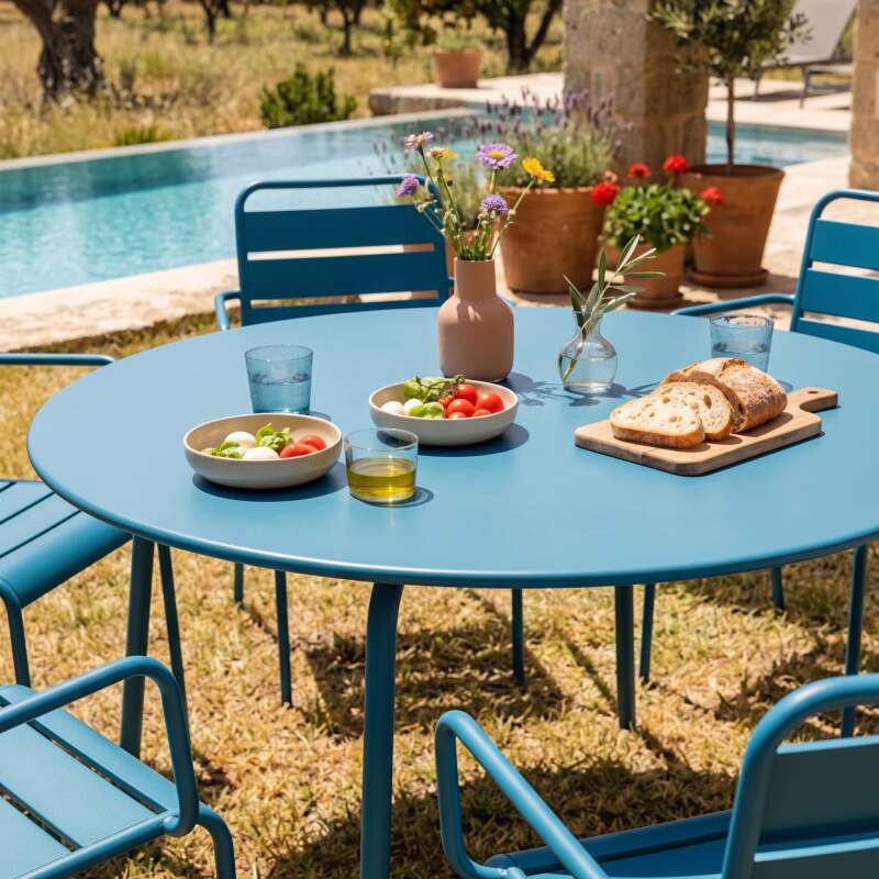 Gartentisch im Bistro-Stil, rund, aus Metall, Ø120 cm, und 6 Stühle mit Armlehnen (6/9)