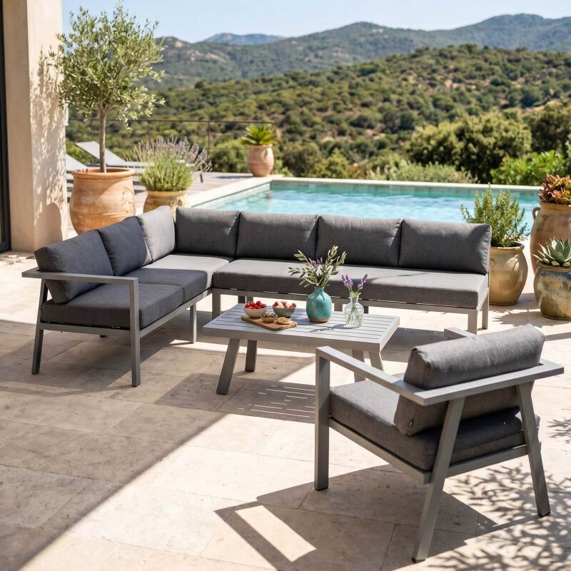 Gartenlounge-Set Ecksofa aus Aluminium für 6 Sitzen mit 1 Sessel und 1 Couchtisch