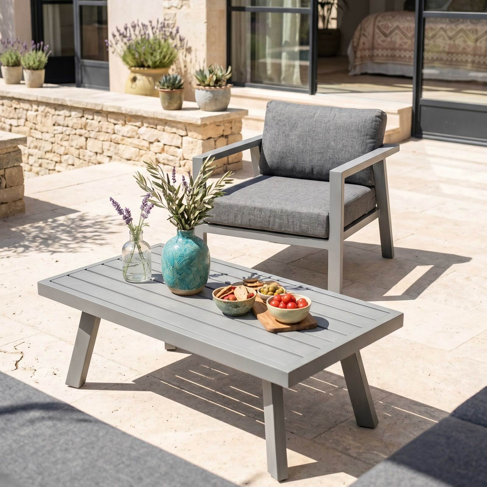 Gartenlounge-Set Ecksofa aus Aluminium für 6 Sitzen mit 1 Sessel und 1 Couchtisch
